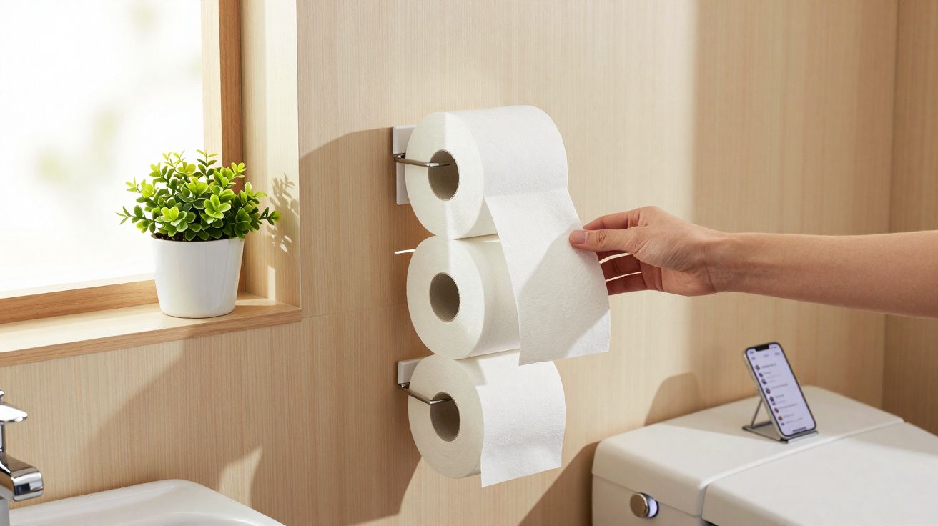 Hand reaching for a sheet of toilet paper from one of three rolls mounted vertically on a bathroom wall.