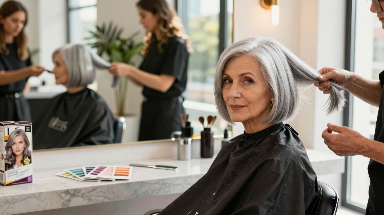Older woman with grey hair sitting in a salon chair getting her hair styled by a hairdresser.