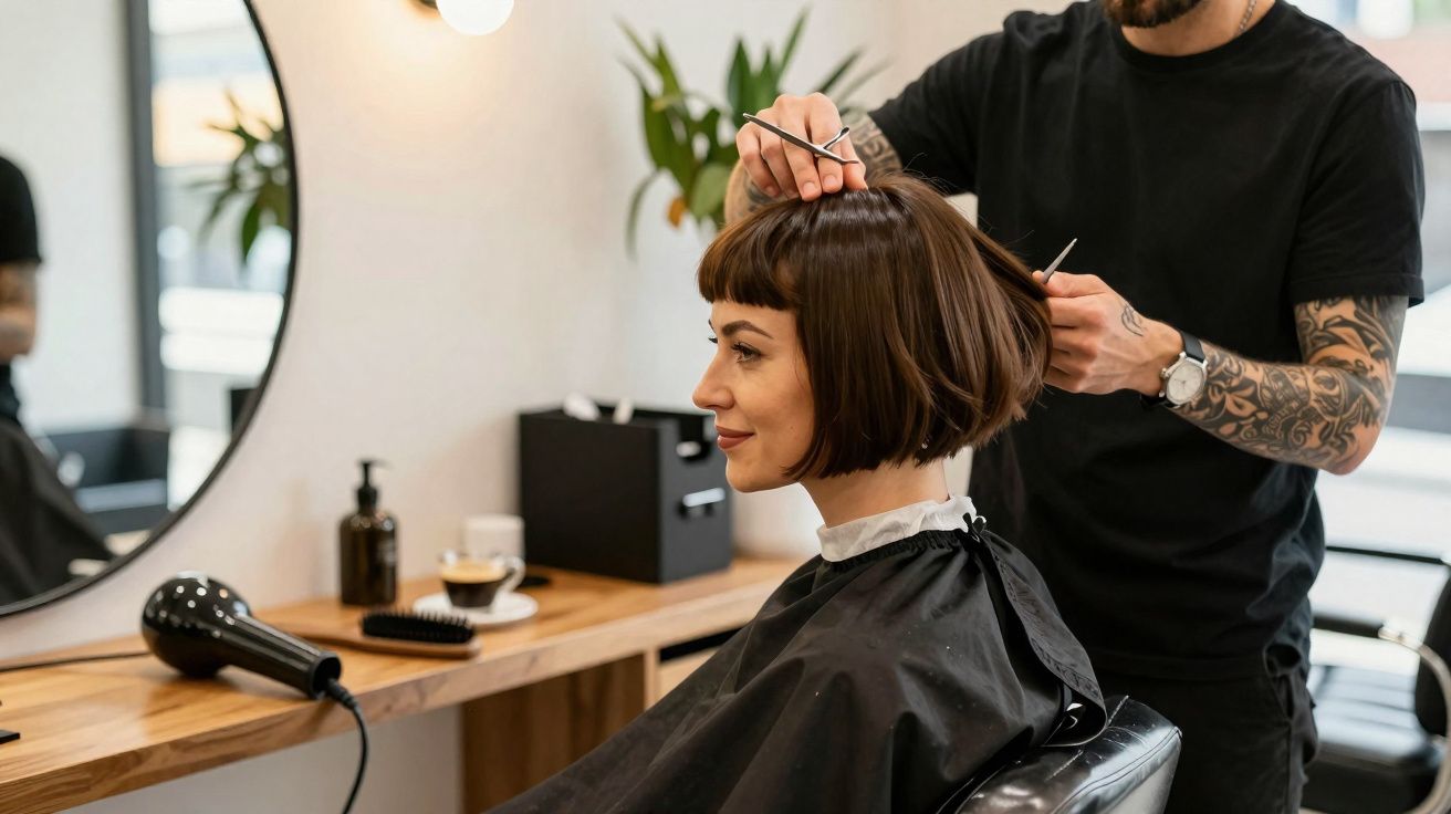 Woman with short brown hair getting a haircut from a tattooed hairstylist in a modern salon.