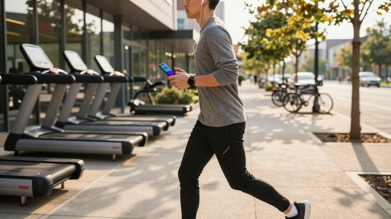 Young man jogging outdoors near gym treadmills, wearing earphones and holding a smartphone.