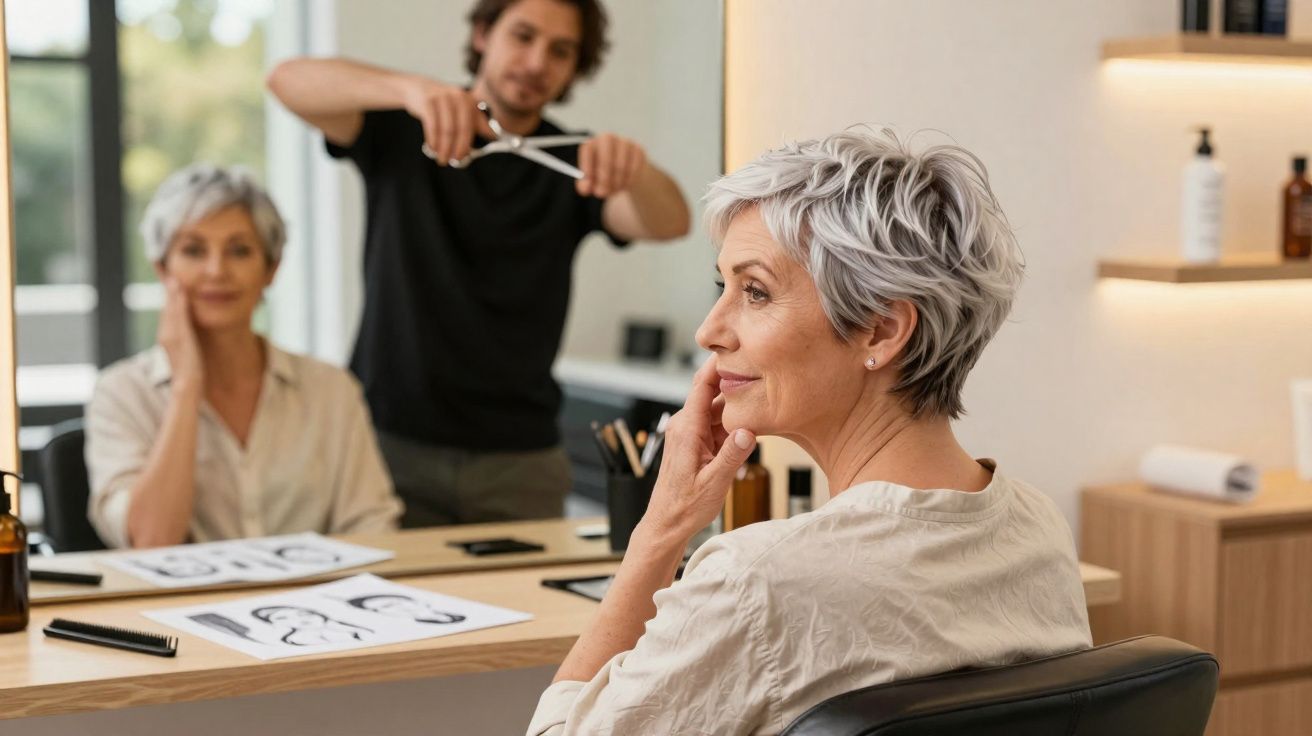 Older woman with short grey hair sitting in a salon chair while a hairstylist holds scissors in the background.