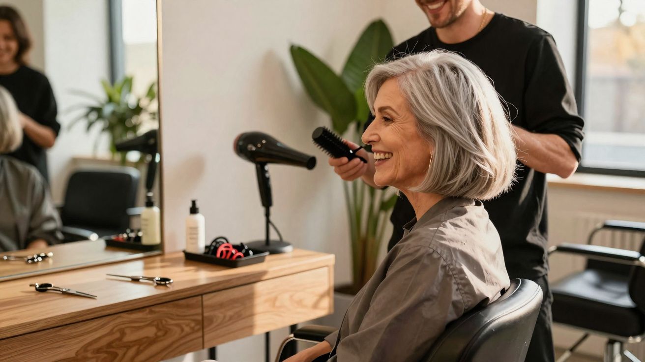 Older woman smiling while getting her hair styled by a barber in a modern salon with wooden furniture.