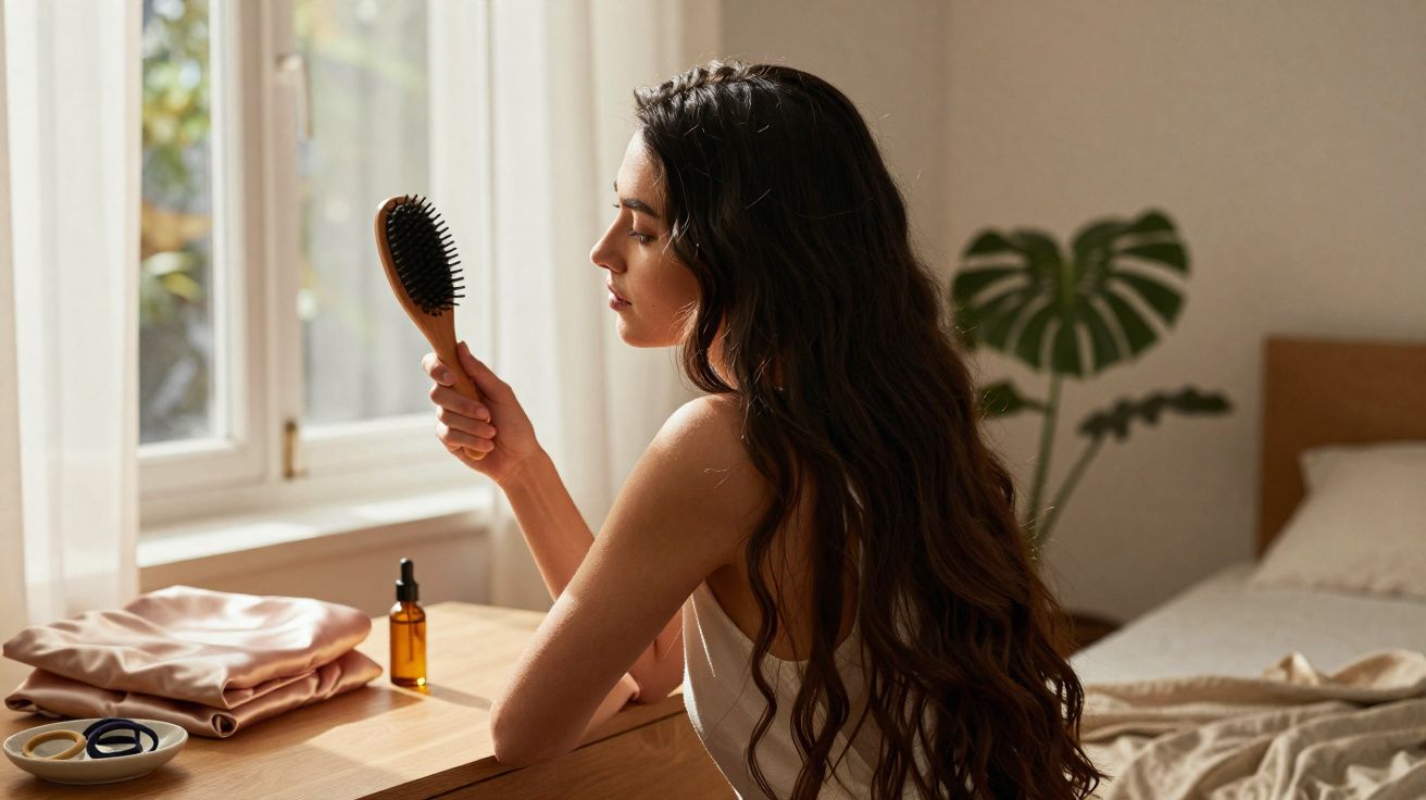 Woman with long dark hair holding a hairbrush, sitting at a wooden dressing table near a window in a bedroom.