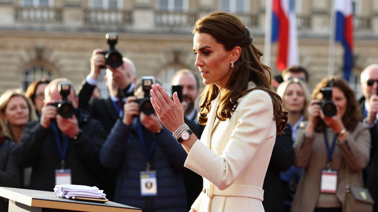 Woman in cream coat addressing audience with photographers in background at outdoor event.