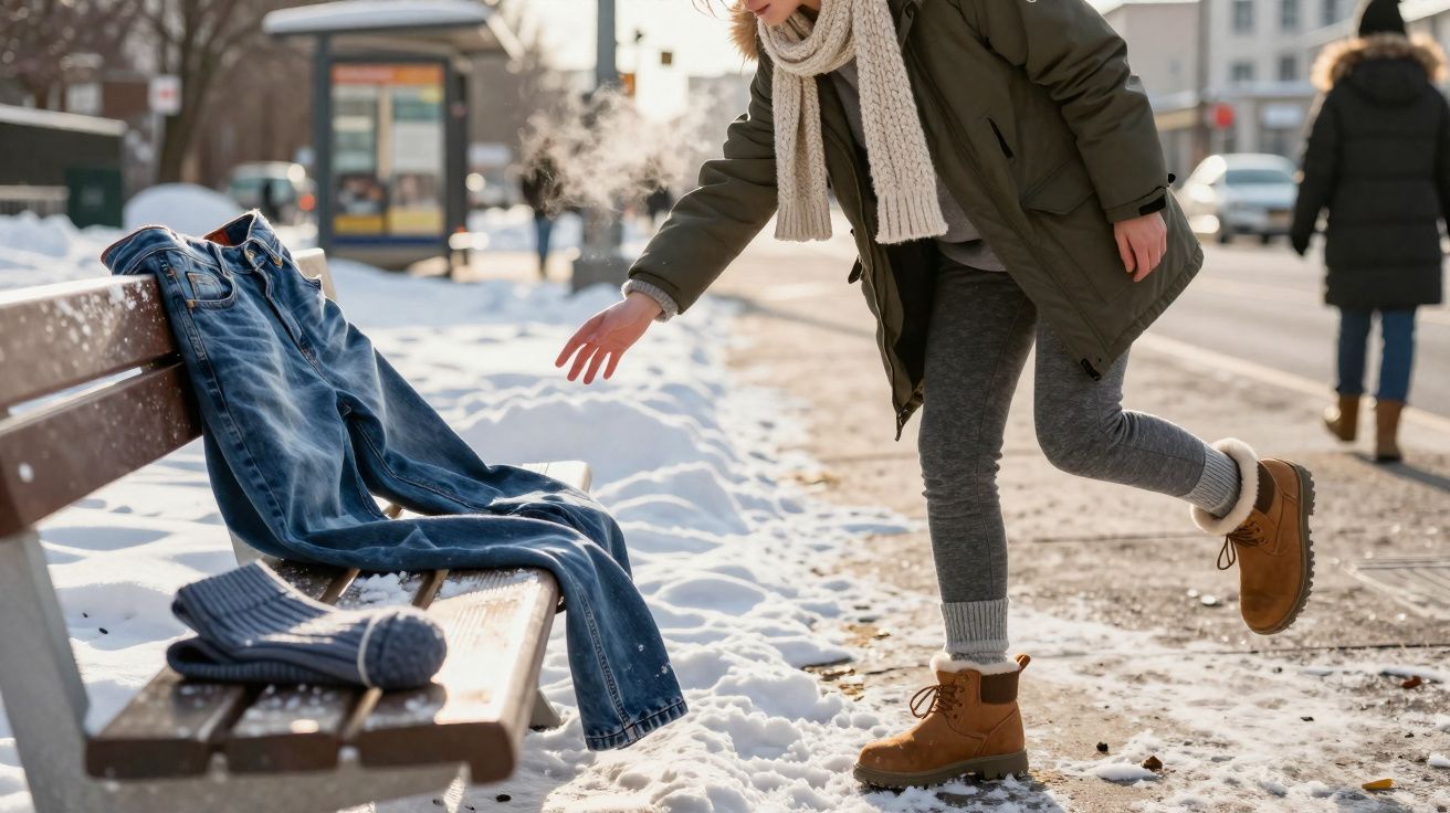 Person reaching hand towards steaming jeans draped over snow-covered park bench on cold day.