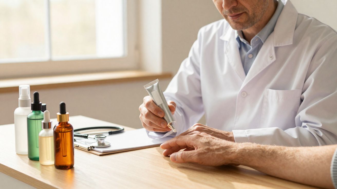 Doctor in white coat applying cream to patient’s hand at a desk with medical bottles and stethoscope.