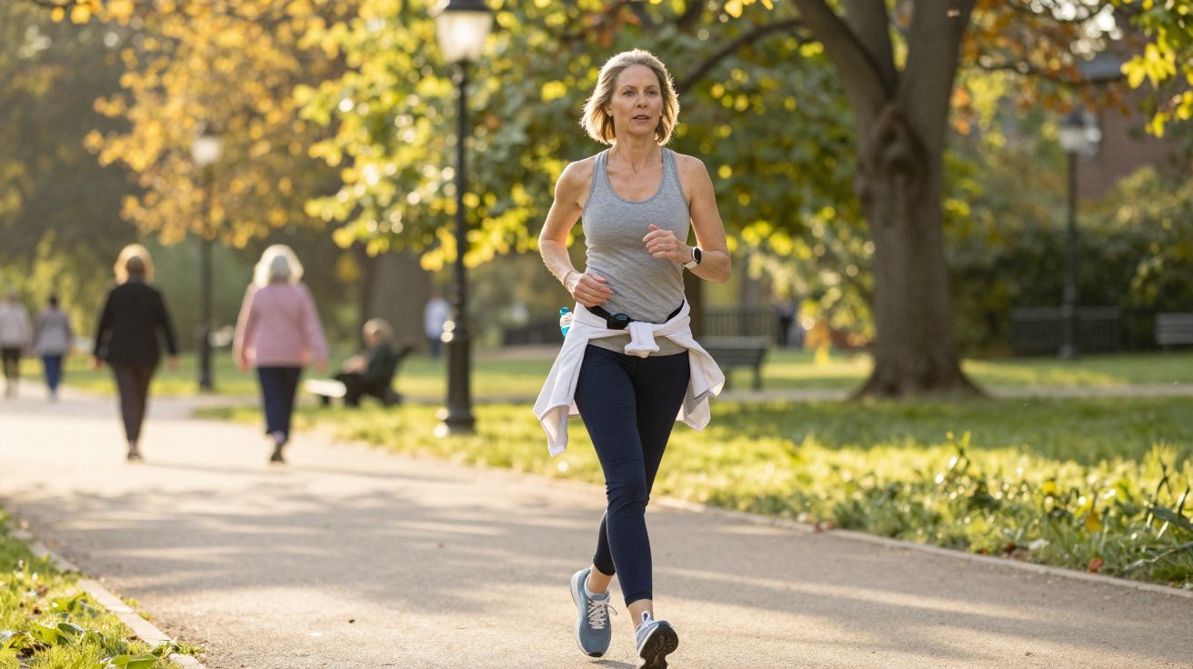Woman jogging in a park on a sunny autumn day, wearing a grey vest and navy leggings with trees in the background.