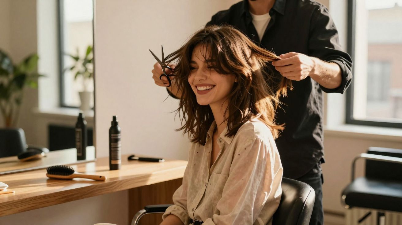 Woman smiling while a hairdresser trims her hair in a bright salon with wooden counters and large windows.