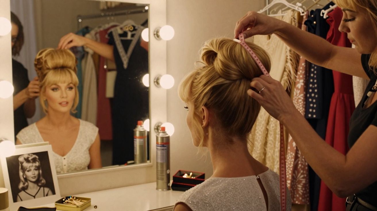 Woman in white dress having her hair styled into an elegant updo while being measured with a tape in front of a mirror.