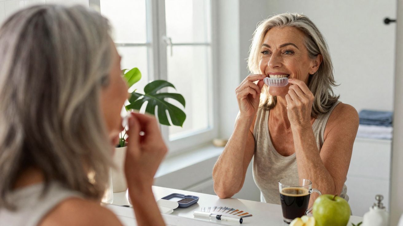 Mature woman fitting clear dental aligners while looking in the mirror at home.