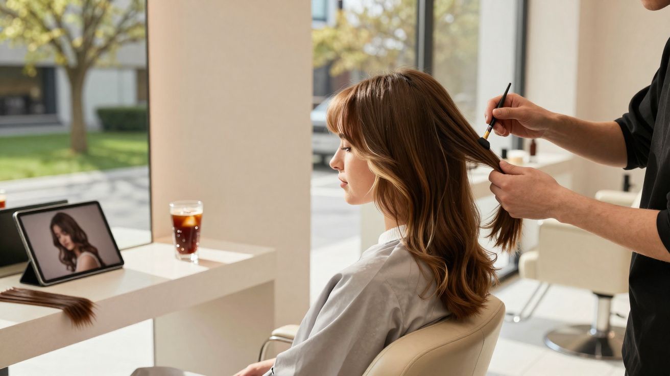 Woman having hair coloured while watching a tutorial on a tablet in a bright salon.