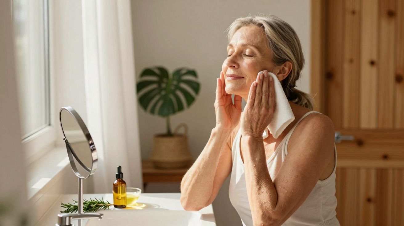Middle-aged woman drying her face with a towel in a bright bathroom by the window.