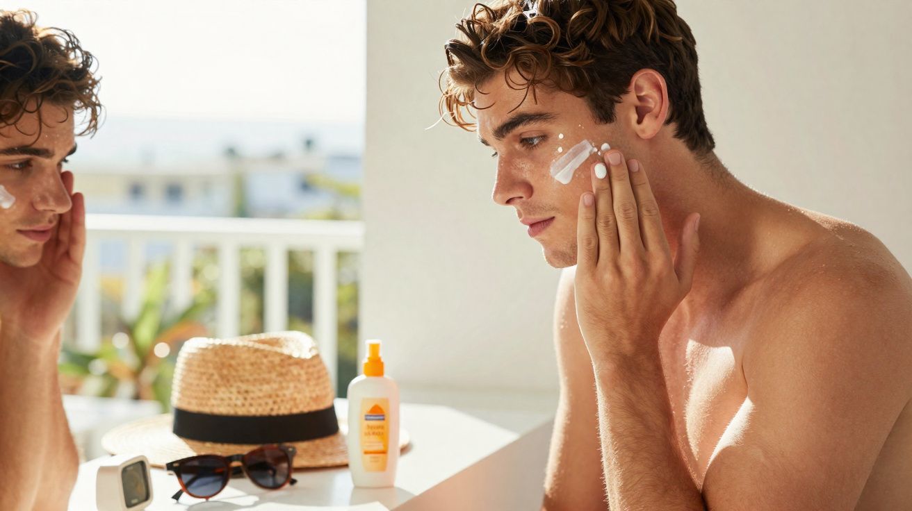Young man applying sunscreen on face outdoors with hat, sunglasses, and lotion on table nearby.