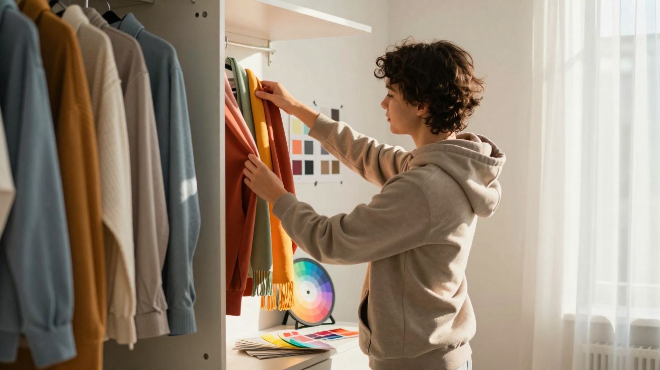 Person selecting clothes from a wardrobe with colour swatches and sunlight streaming through a window.