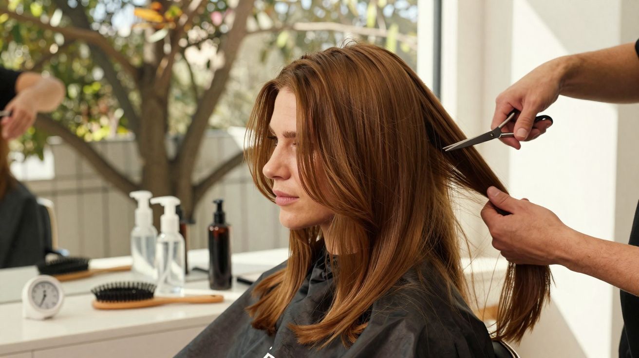 Woman with long red hair getting a haircut at a salon, seated with eyes closed and a hairdresser holding scissors.