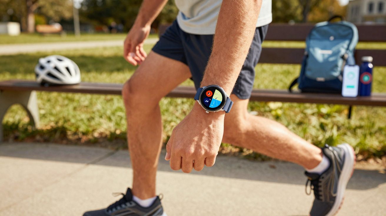 Person in running gear wearing a smartwatch, stretching leg near a bench with a helmet, backpack, and water bottle.