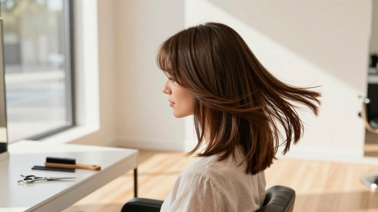 Woman with medium-length brown hair flipping her hair while sitting in a salon chair by a table with hair tools.