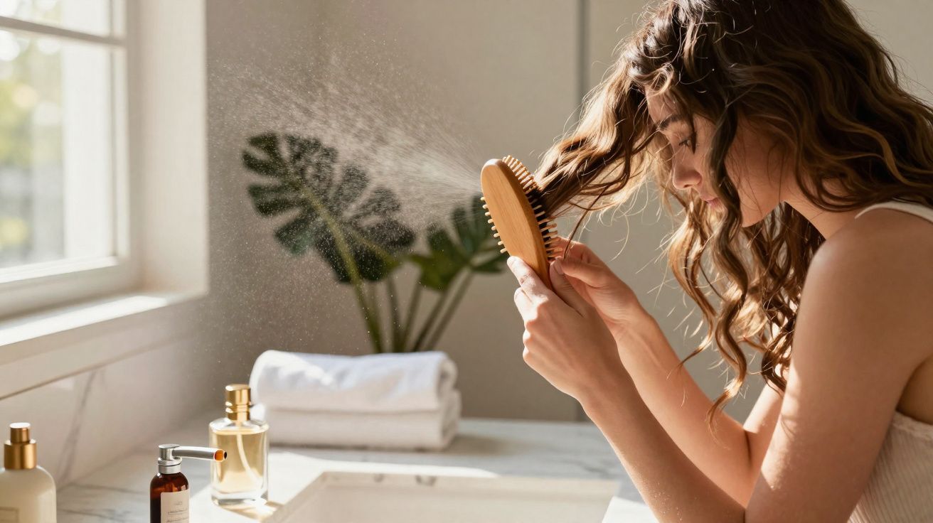Woman spraying detangler on her curly hair while brushing in a bright bathroom near a window.