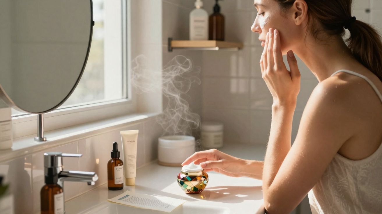 Woman applying face cream in a sunlit bathroom with skincare products on the counter and a steaming diffuser nearby
