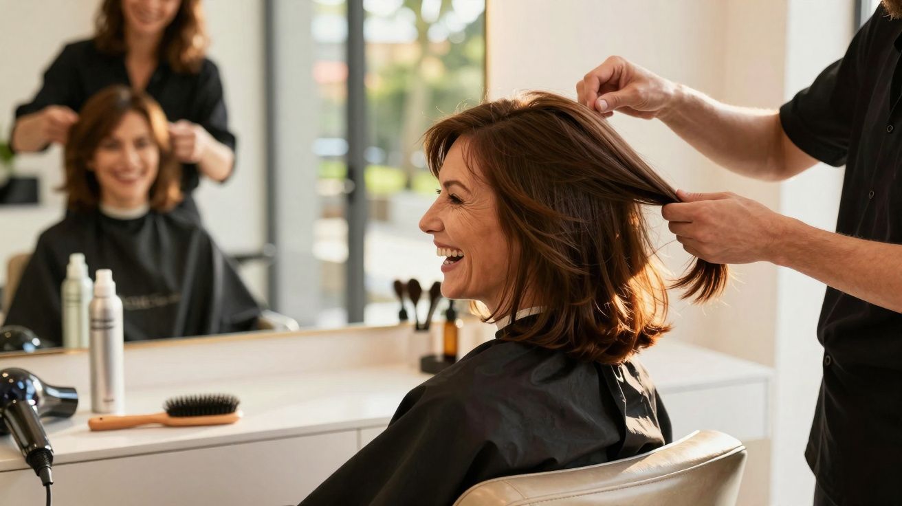 Woman smiling while hairstylist holds her hair in a salon with a mirror reflecting their image.