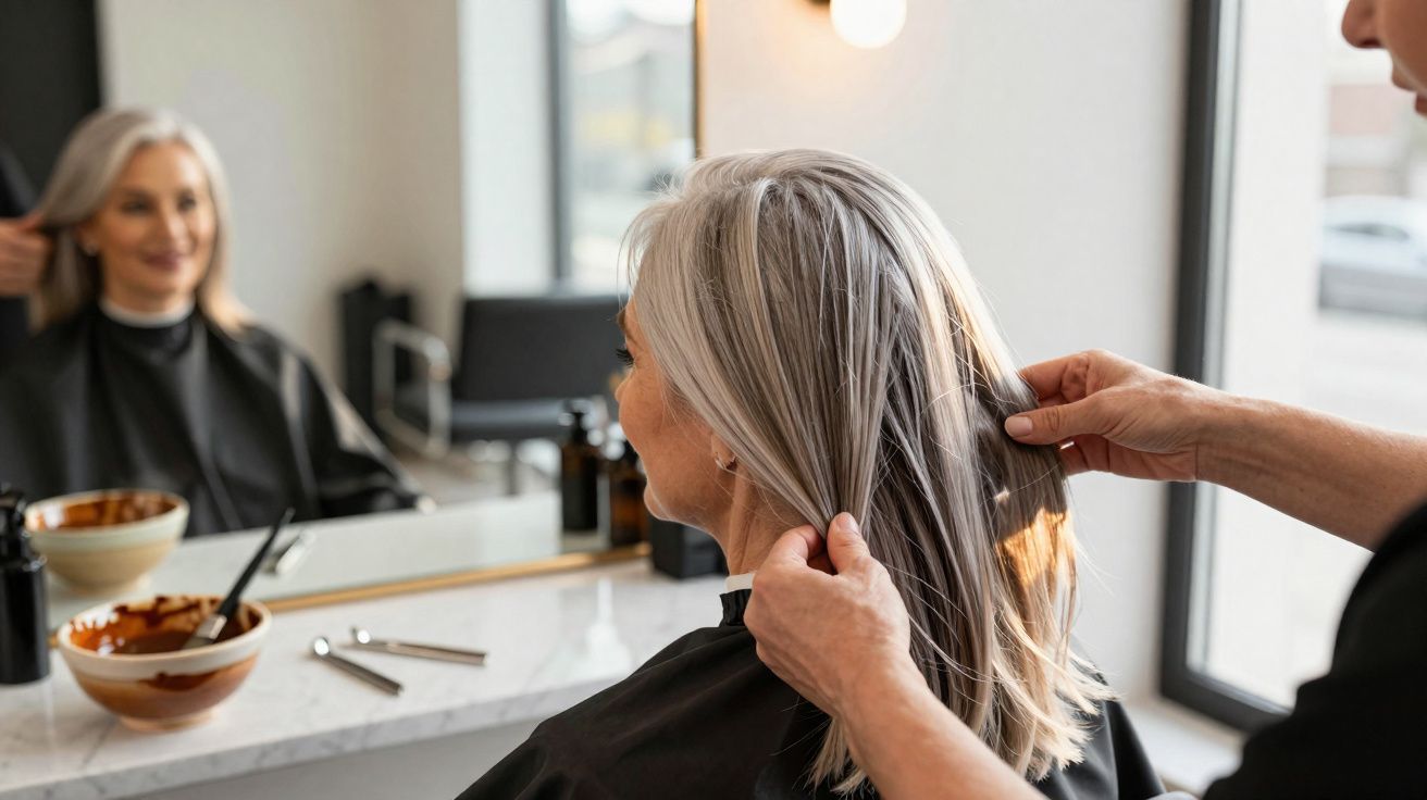 Hairstylist arranging grey hair of a smiling woman seated in a salon chair facing a mirror.