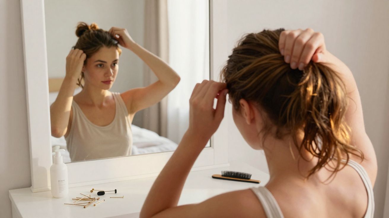 Young woman tying her hair while looking at herself in a bedroom mirror on a white dressing table.