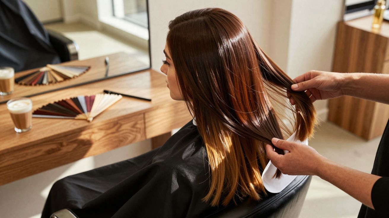 Hairdresser examining long brown hair of a woman sitting in a salon chair near a wooden mirror table
