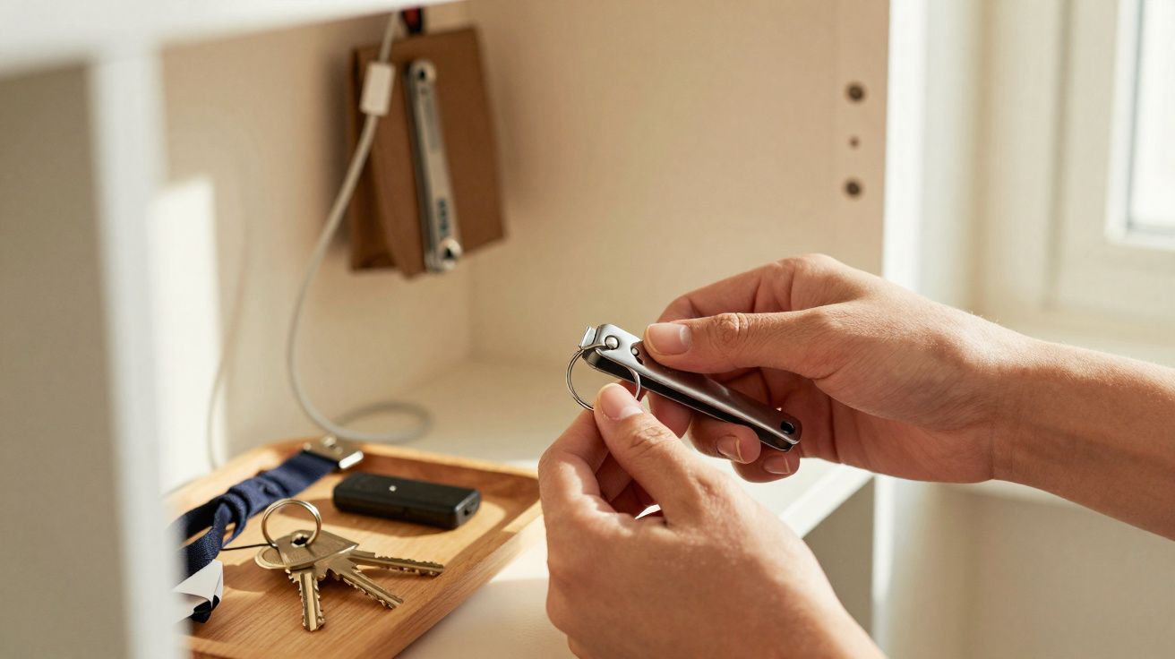 Person holding a black nail clipper above a wooden tray with keys and a small black device on a white surface.