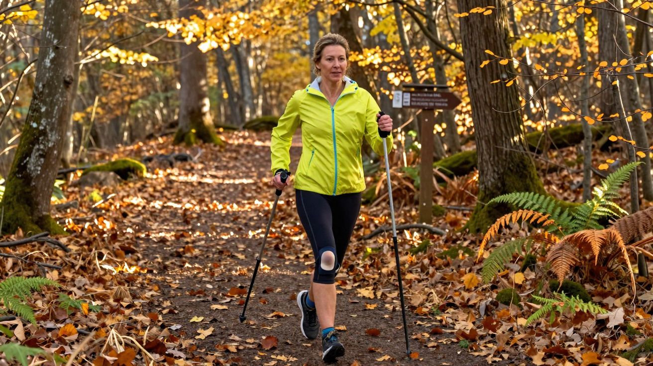 Woman in a yellow jacket walking with poles on a leafy forest trail in autumn.