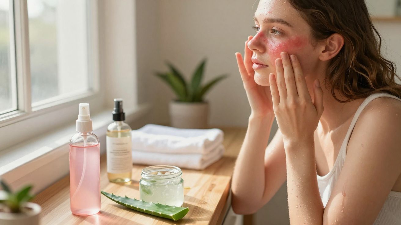 Young woman applying natural aloe vera skincare on her red, sensitive face by a sunlit window.