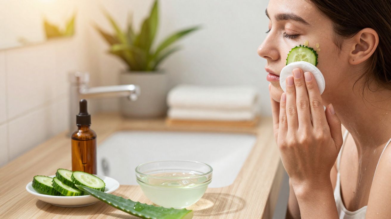 Woman applying cucumber slice to her face with skincare ingredients on a bathroom counter.
