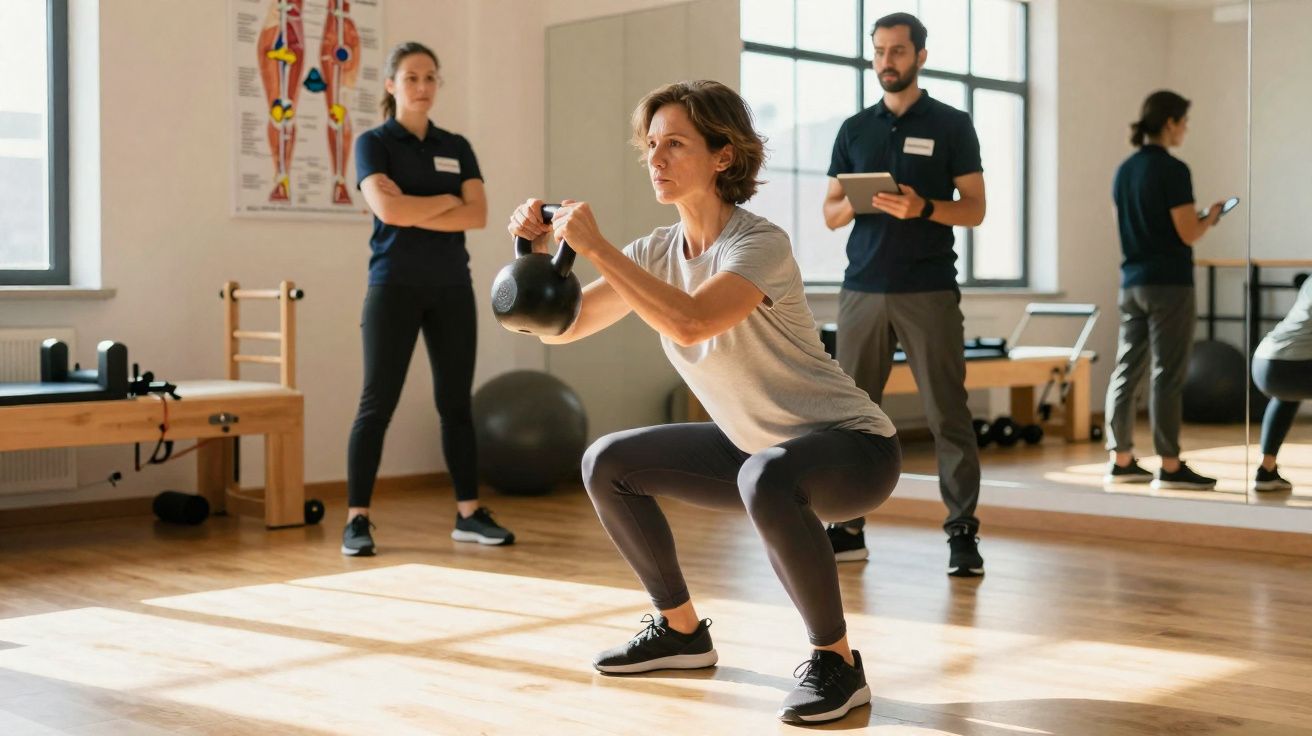 Woman performing kettlebell squat in gym while two trainers observe and take notes in sunlit studio.