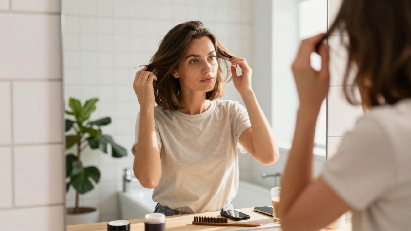 Young woman adjusting her hair while looking at herself in a bathroom mirror with toiletries on the counter.