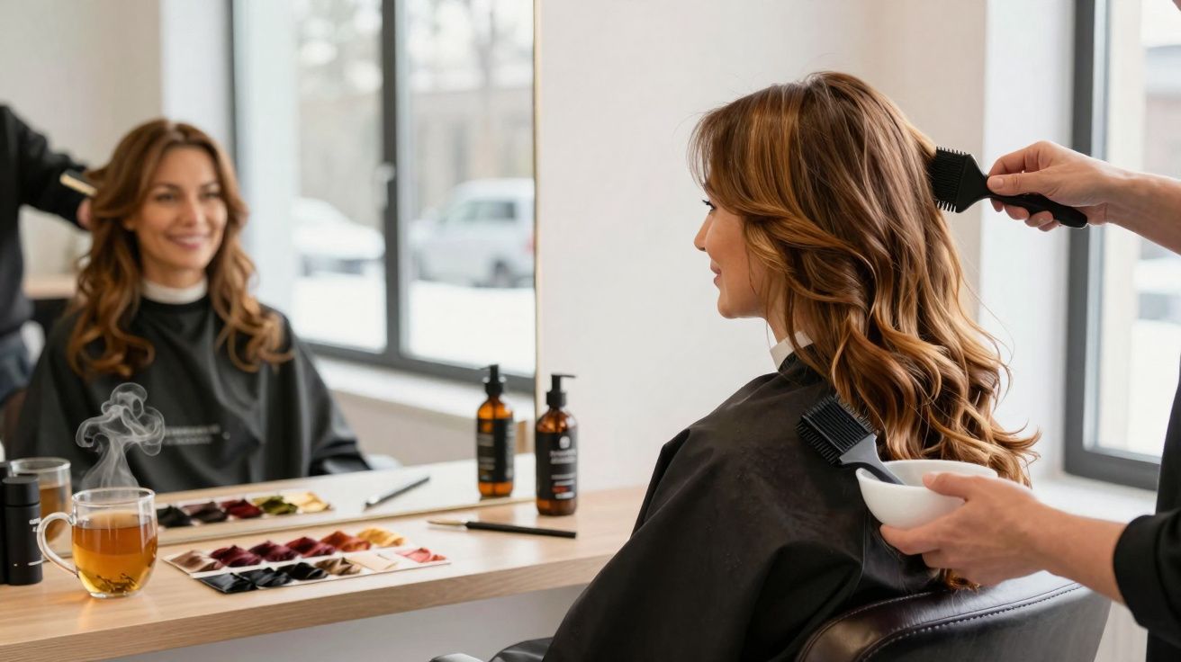Woman with wavy hair sitting in a salon chair having hair coloured and brushed by a stylist.