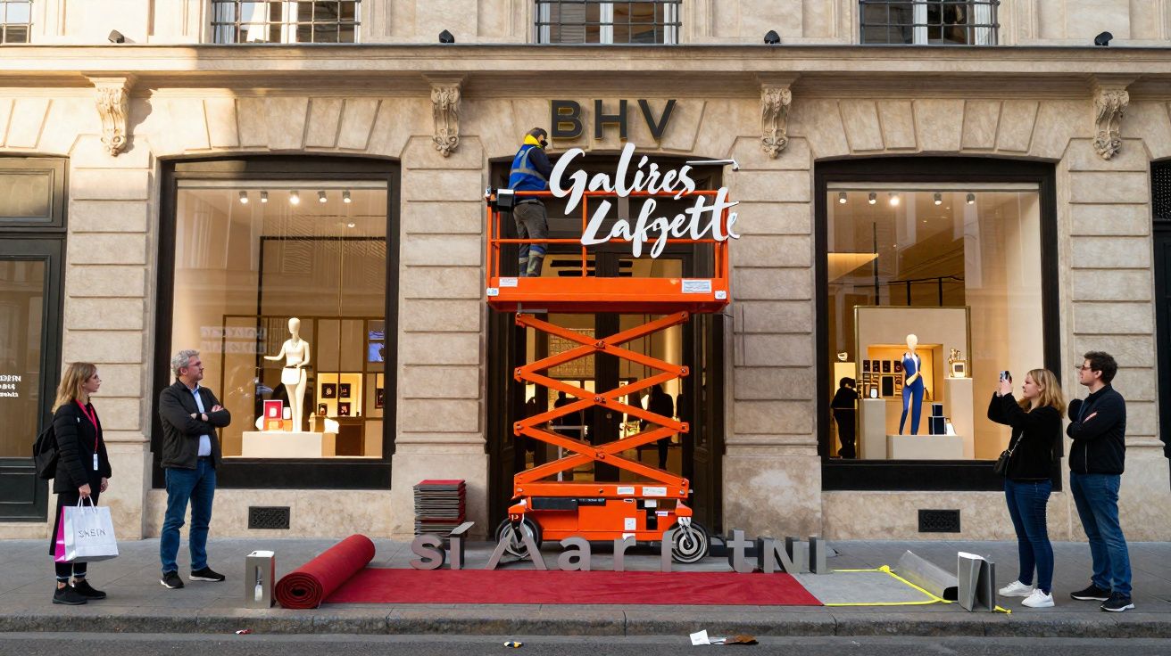 Worker on orange lift installing Galeries Lafayette sign on historic stone building facade with onlookers on street.