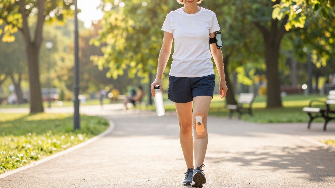 Woman in sportswear with knee patch and armband holding water bottle walking on a sunlit park path