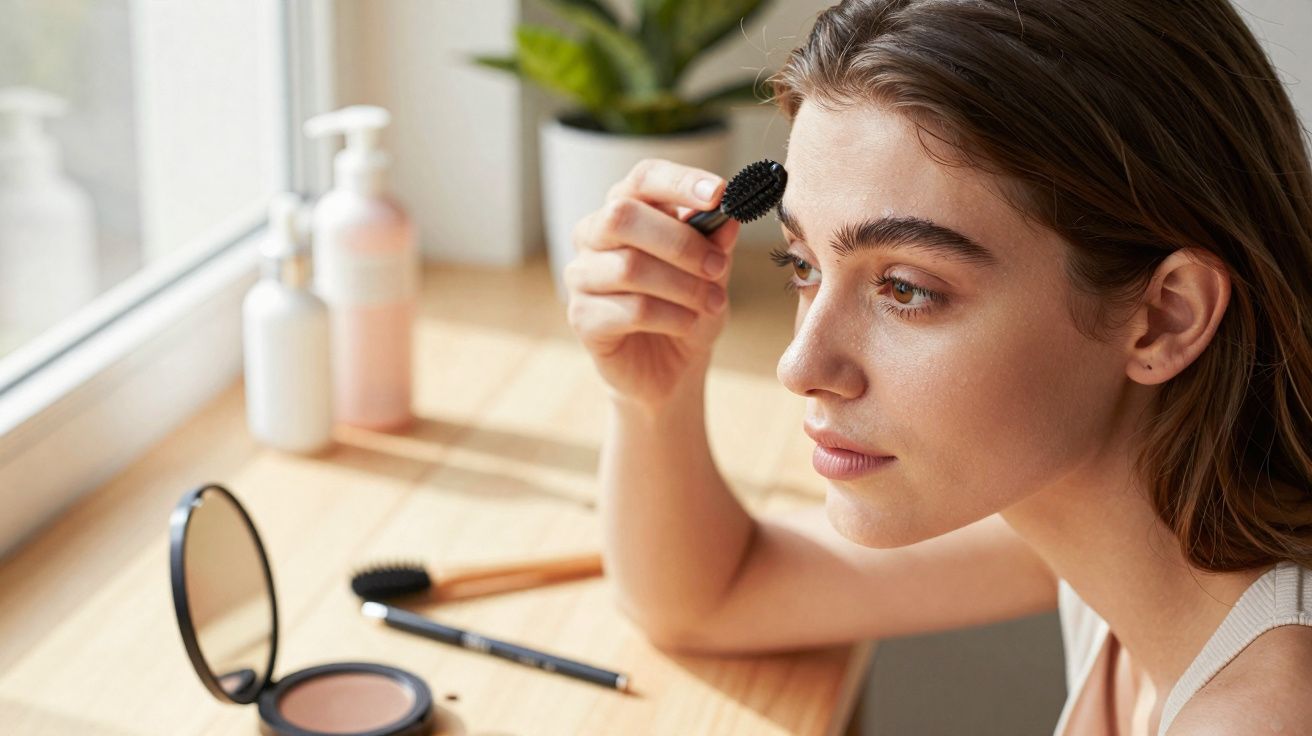 Young woman applying makeup near a window with brushes and compact powder on a wooden table.