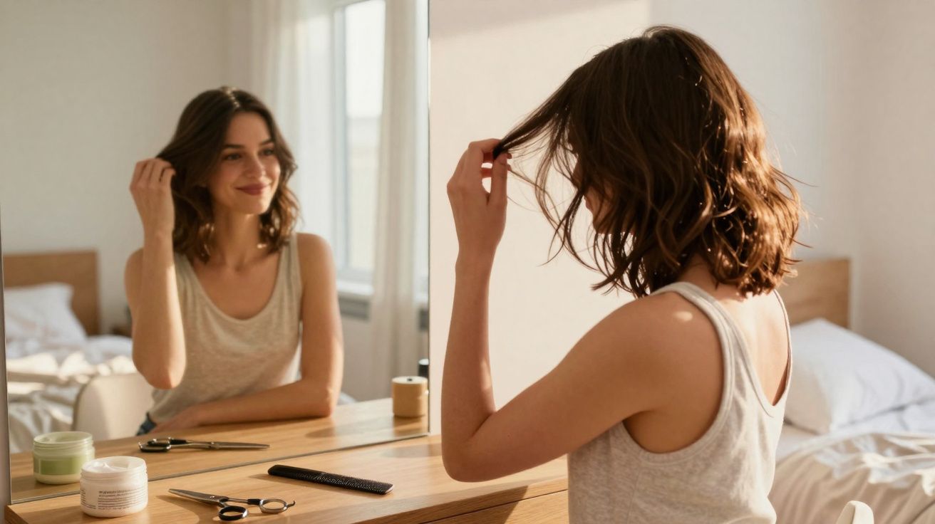 Woman sitting at wooden vanity table, touching her hair and smiling at her reflection in mirror.
