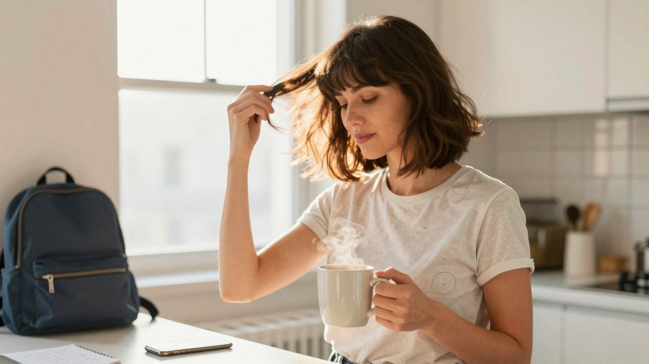 Young woman in white t-shirt sitting at kitchen table, holding a steaming mug and touching her hair.