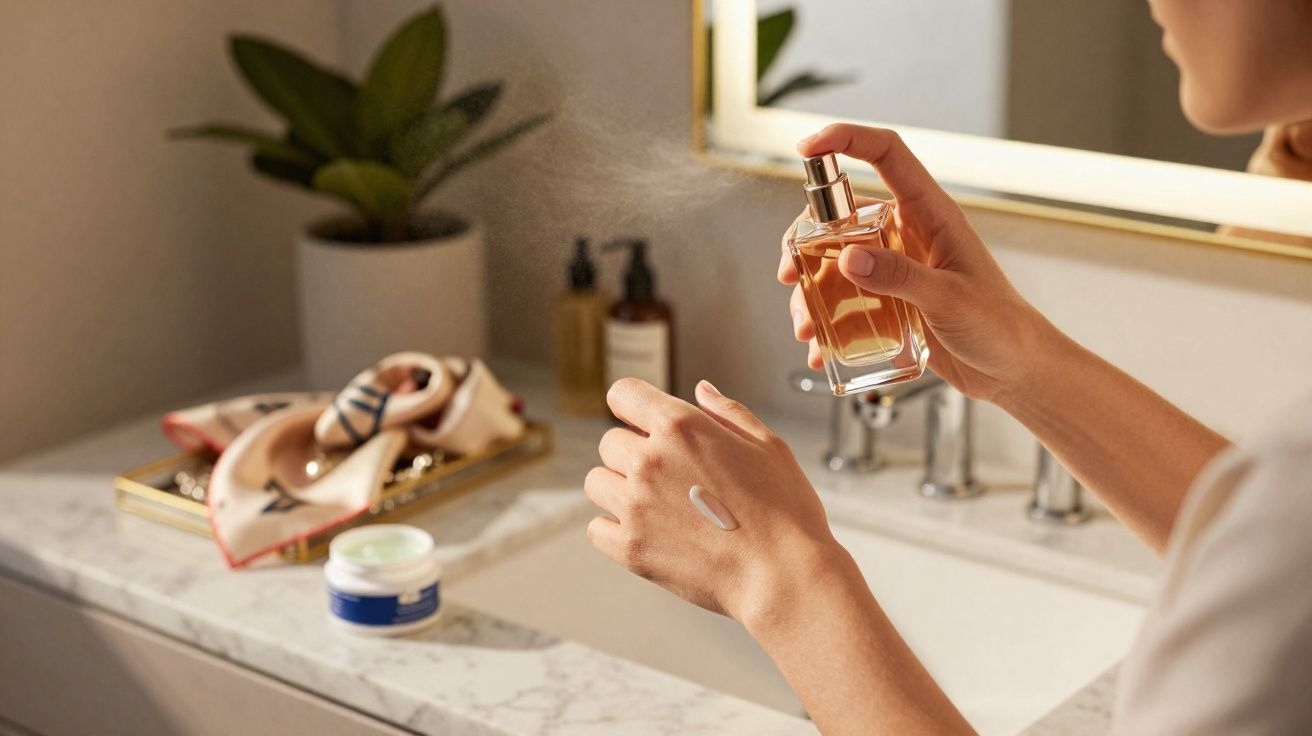 Person applying perfume to wrist in a bathroom with skincare products and a plant on the marble countertop.