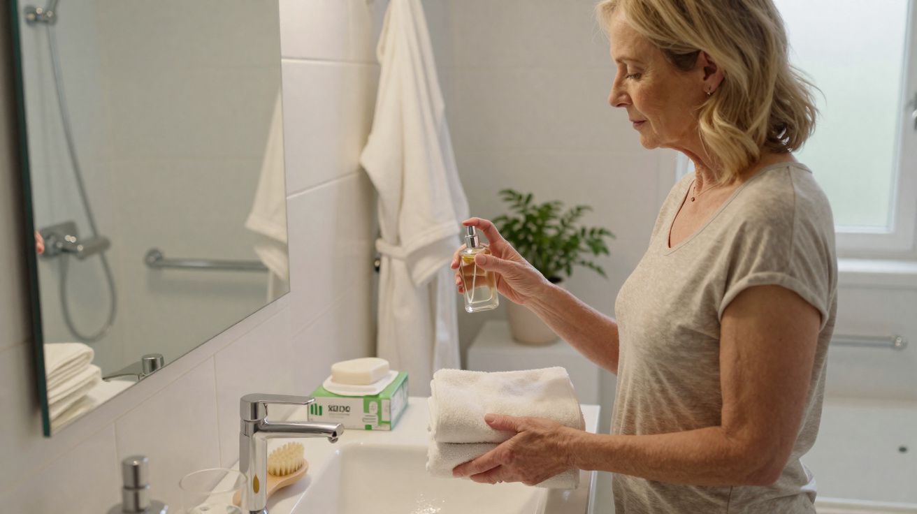 Middle-aged woman spraying perfume on folded towels in bright modern bathroom near sink and mirror.