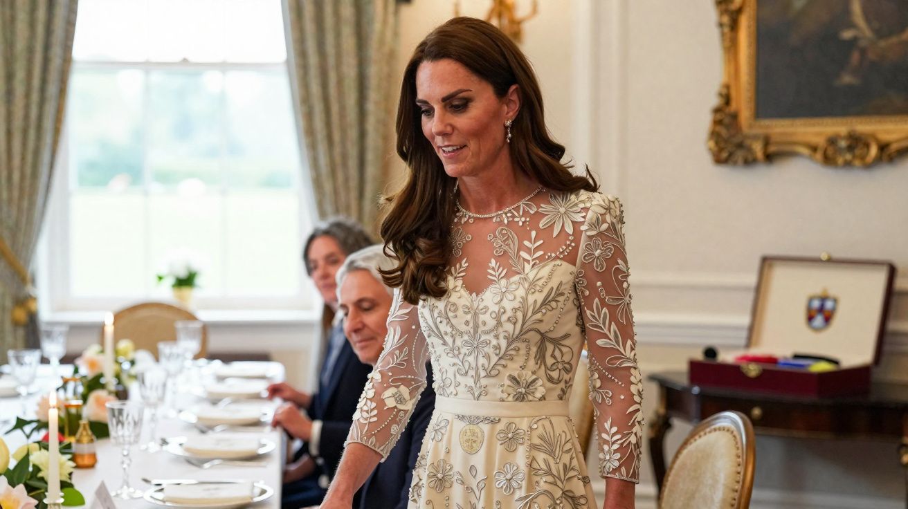 Woman in white floral embroidered dress attending formal dining event in elegant room with guests seated at table