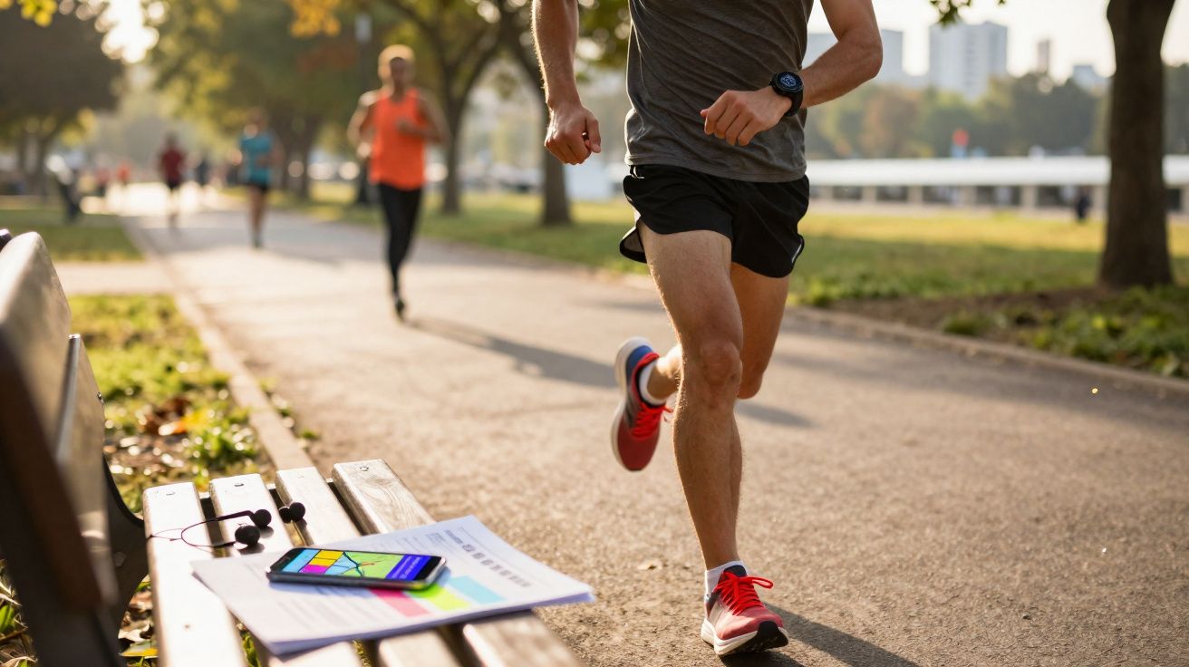 Close-up of a runner in red shoes and black shorts jogging on a park path with a bench holding a phone and papers nearby.