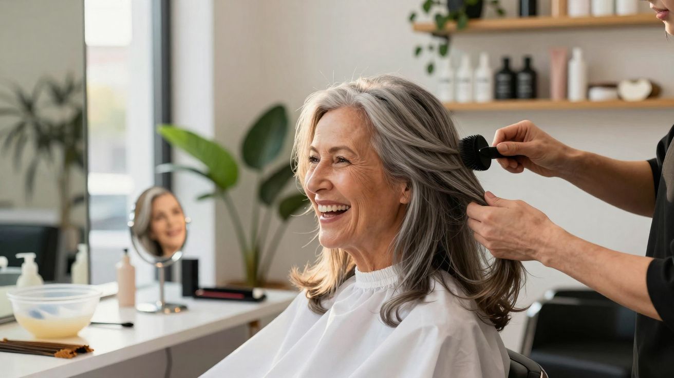Older woman smiling while having her grey hair styled at a modern hair salon.