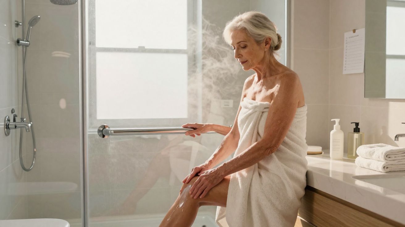 Elderly woman wrapped in towel sitting on bathroom counter, applying lotion to leg near steamy shower.