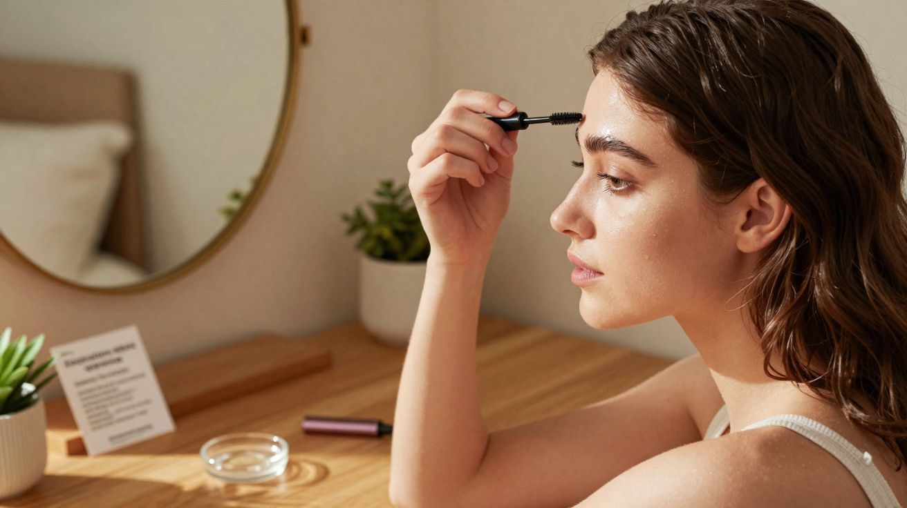 Woman applying mascara to her eyebrows while sitting at a wooden dressing table with a mirror and plants nearby.