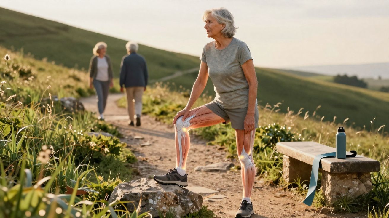 Older woman stretching outdoors with knee and leg joints highlighted, two people walking in background on a trail.
