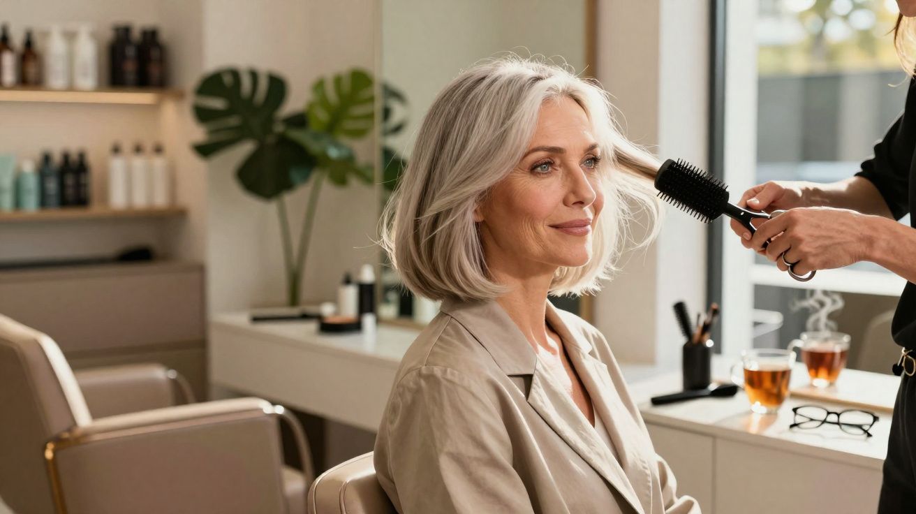 Middle-aged woman with grey hair having her hair styled with a round brush in a bright salon.
