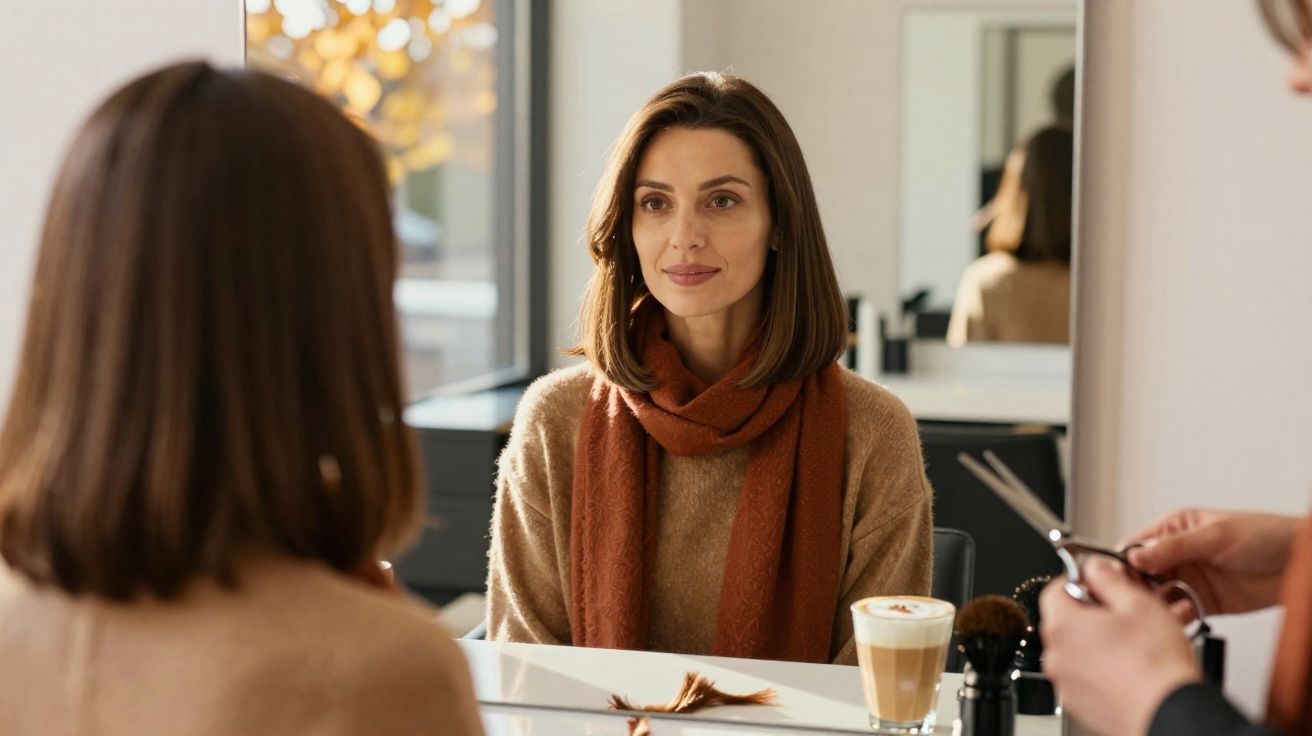 Woman with brown hair wearing a scarf sitting in front of a mirror at a hair salon with scissors nearby.