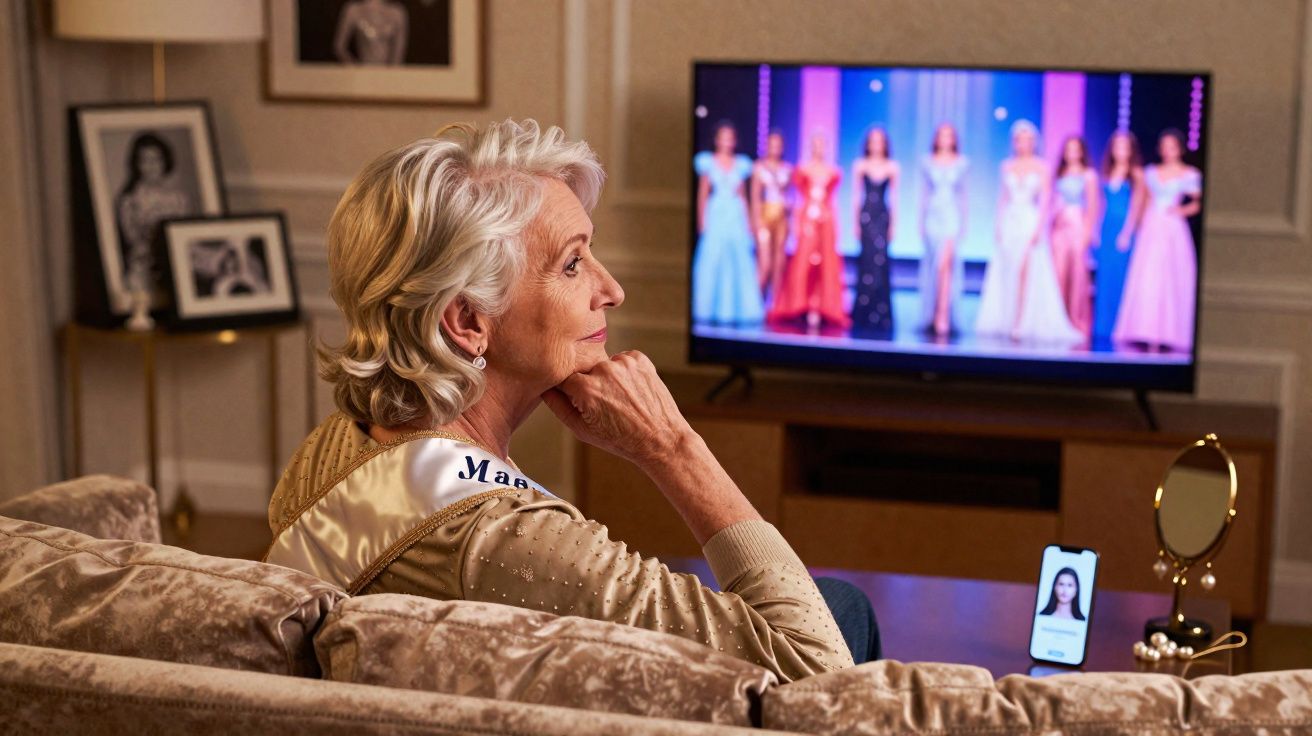 Elderly woman with a sash watches a beauty pageant on TV while a phone with a contestant’s photo is on the table.